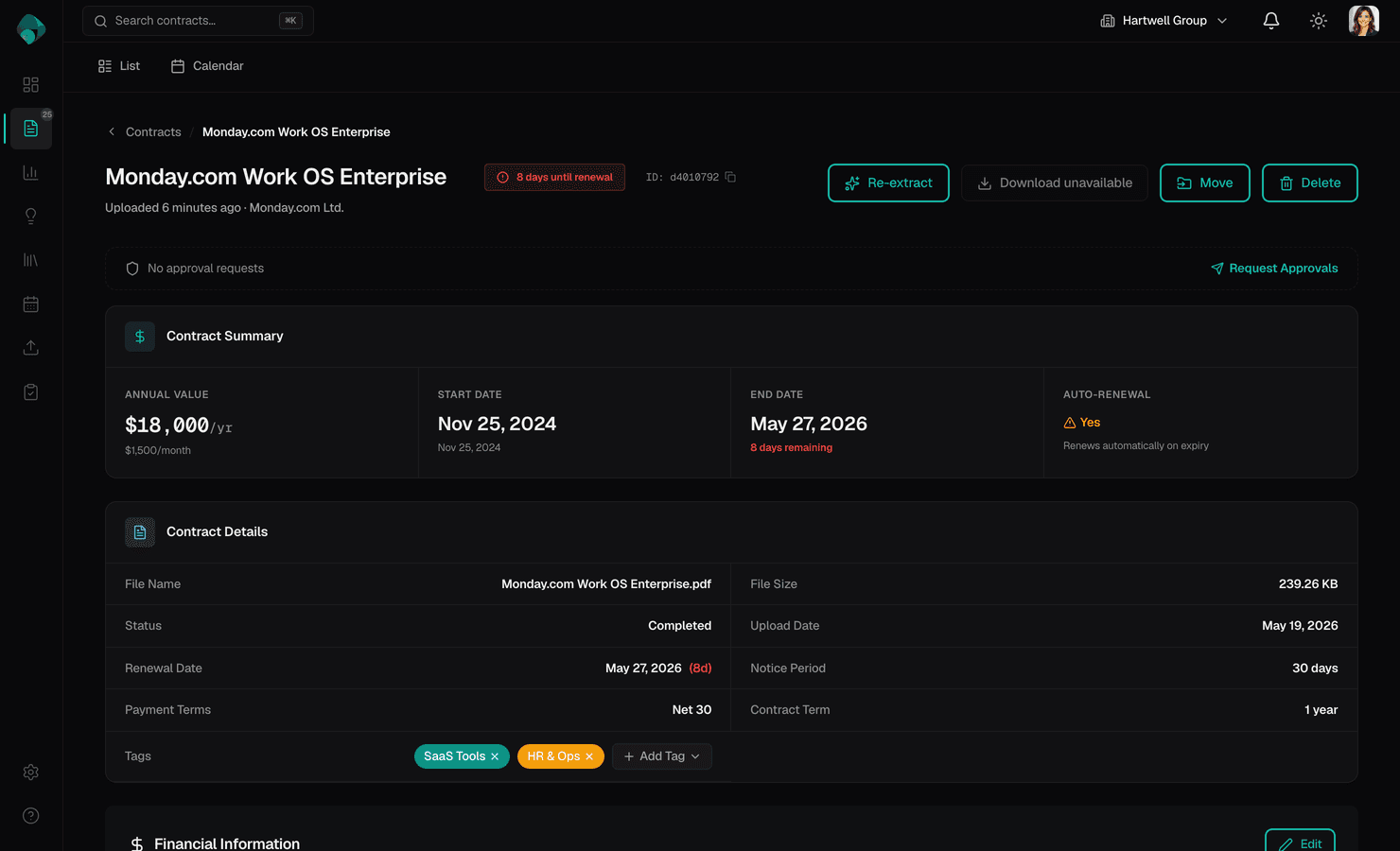 Contract detail view showing extracted terms, renewal dates, and risk analysis