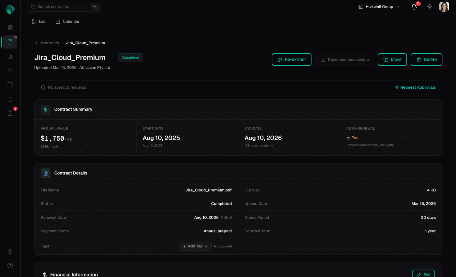 Contract detail view showing extracted terms, renewal dates, and risk analysis