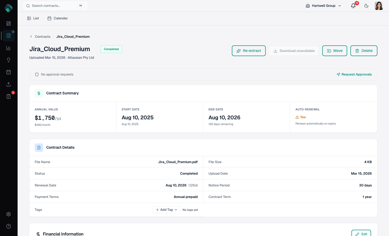 Contract detail view showing extracted terms, renewal dates, and risk analysis
