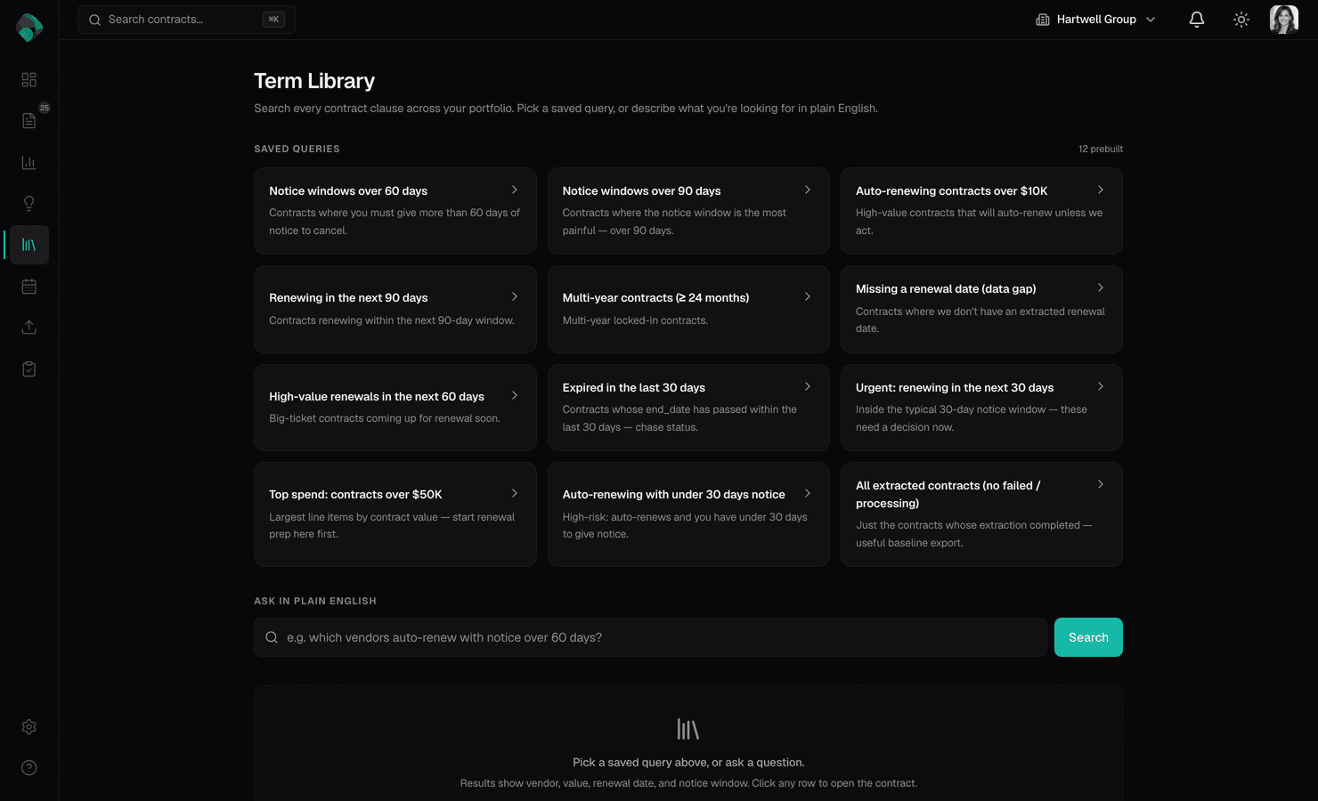 Term Library showing 13 prebuilt queries and a natural-language search input across the contract portfolio