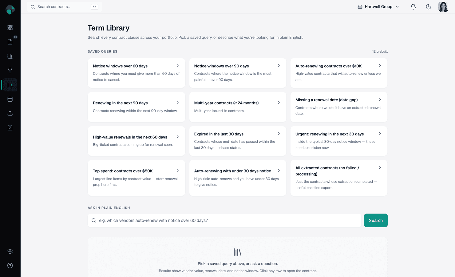 Term Library showing 13 prebuilt queries and a natural-language search input across the contract portfolio